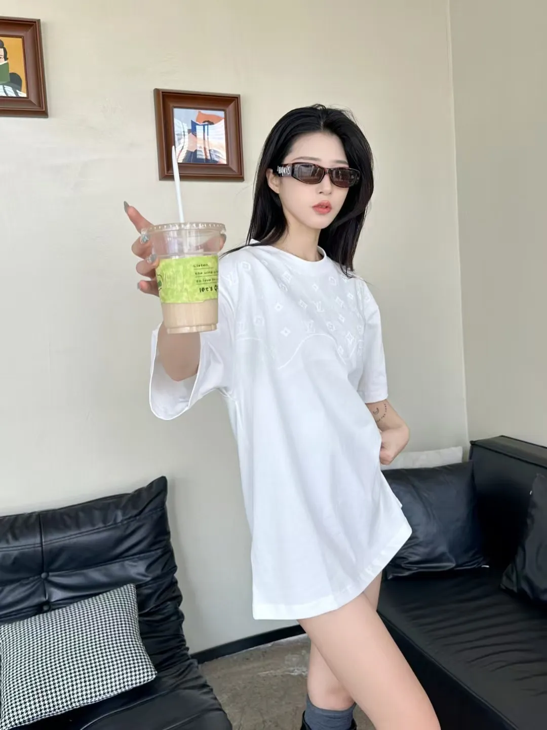 Louis Vuitton/Louis Vuitton dark pattern half-length presbyopic logo embroidered short sleeves
